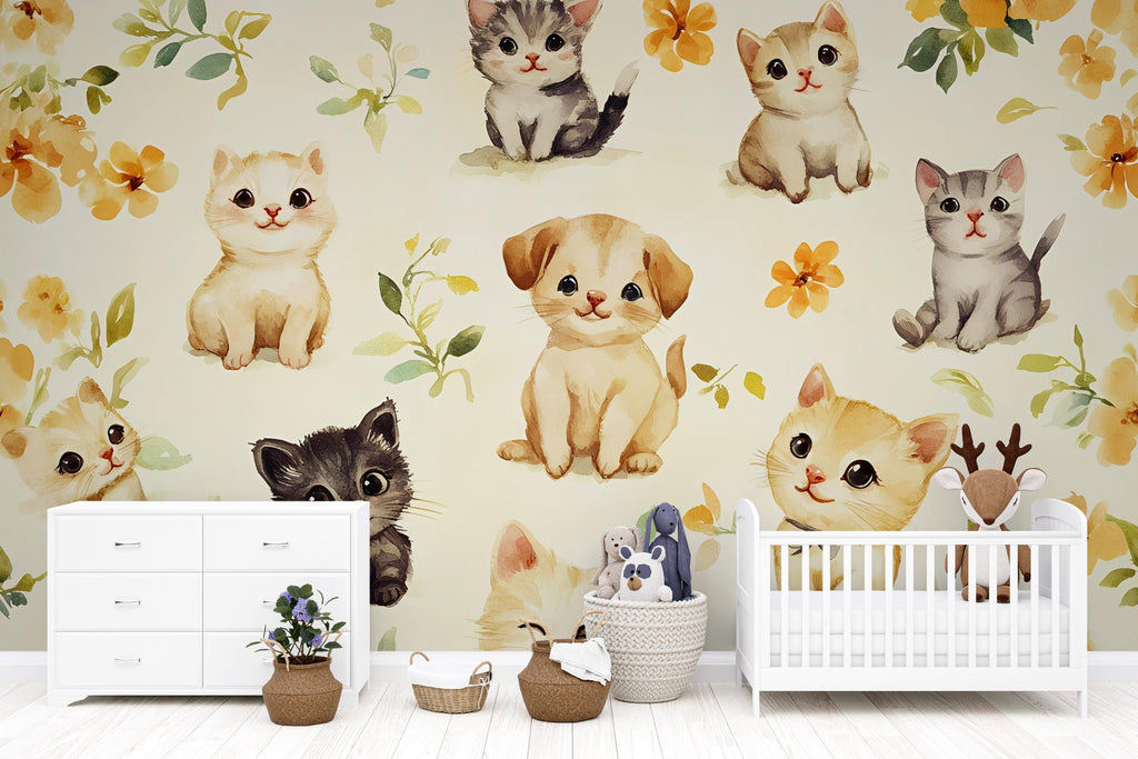 Watercolor Kitten and Puppy Wall Mural – Animal Nursery Wallpaper – Peel and Stick or Non-Woven – Cute Pet Decor for Baby Room