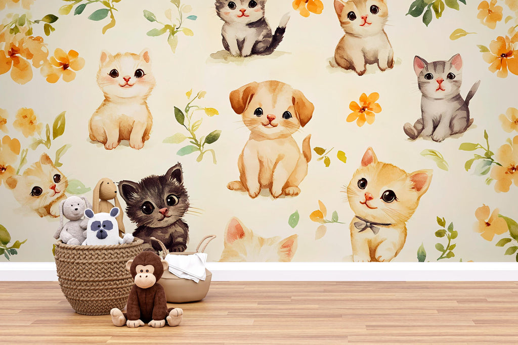 Watercolor Kitten and Puppy Wall Mural – Animal Nursery Wallpaper – Peel and Stick or Non-Woven – Cute Pet Decor for Baby Room