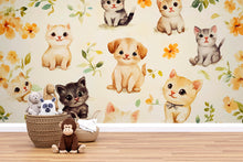 Load image into Gallery viewer, Watercolor Kitten and Puppy Wall Mural – Animal Nursery Wallpaper – Peel and Stick or Non-Woven – Cute Pet Decor for Baby Room