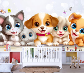 Cartoon Puppy and Kitten Wall Mural – Cute Animal Wallpaper for Nursery or Kids Room – Peel and Stick or Non-Woven Pet Decor