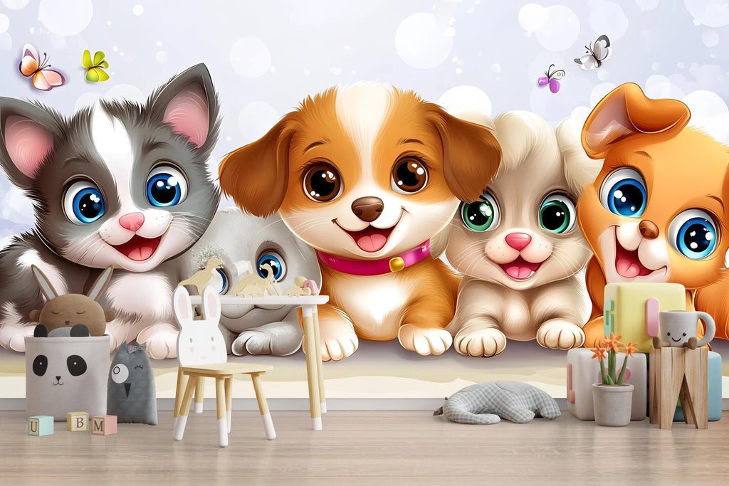 Cartoon Puppy and Kitten Wall Mural – Cute Animal Wallpaper for Nursery or Kids Room – Peel and Stick or Non-Woven Pet Decor