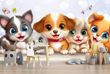 Load image into Gallery viewer, Cartoon Puppy and Kitten Wall Mural – Cute Animal Wallpaper for Nursery or Kids Room – Peel and Stick or Non-Woven Pet Decor