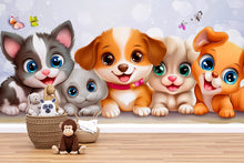 Load image into Gallery viewer, Cartoon Puppy and Kitten Wall Mural – Cute Animal Wallpaper for Nursery or Kids Room – Peel and Stick or Non-Woven Pet Decor