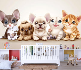 Cartoon Puppy and Kitten Wall Mural – Neutral Animal Nursery Wallpaper – Peel and Stick or Non-Woven Cute Baby Room Decor