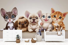 Load image into Gallery viewer, Cartoon Puppy and Kitten Wall Mural – Neutral Animal Nursery Wallpaper – Peel and Stick or Non-Woven Cute Baby Room Decor
