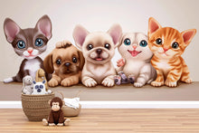 Load image into Gallery viewer, Cartoon Puppy and Kitten Wall Mural – Neutral Animal Nursery Wallpaper – Peel and Stick or Non-Woven Cute Baby Room Decor