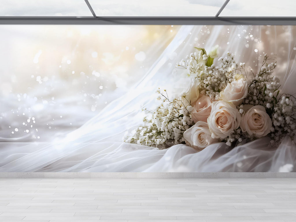 Custom Wedding Backdrop Wall Mural – Personalized Name & Date Gift | Elegant Rose Bouquet Photo Prop | Bridal Shower or Reception Decor