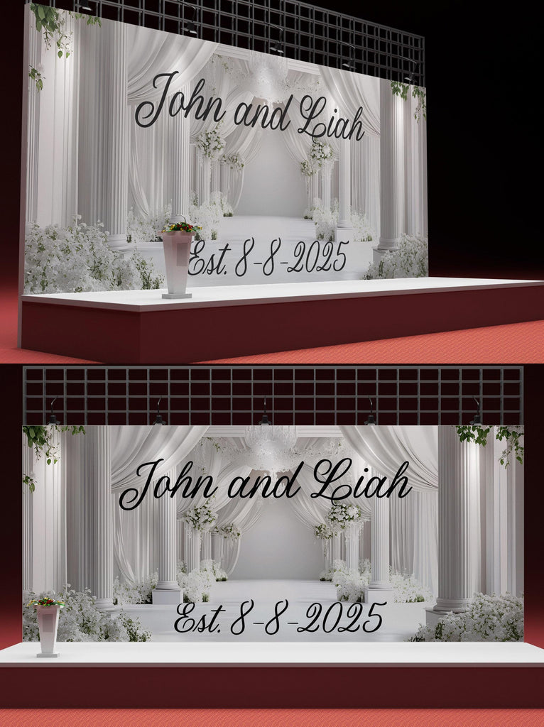 Custom Wedding Backdrop | Elegant White Floral Arch Mural | Personalized with Names & Date | Wedding Gift or Photo Wall