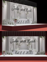 Load image into Gallery viewer, Custom Wedding Backdrop | Elegant White Floral Arch Mural | Personalized with Names &amp; Date | Wedding Gift or Photo Wall