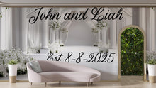 Load image into Gallery viewer, Custom Wedding Backdrop | Elegant White Floral Arch Mural | Personalized with Names &amp; Date | Wedding Gift or Photo Wall
