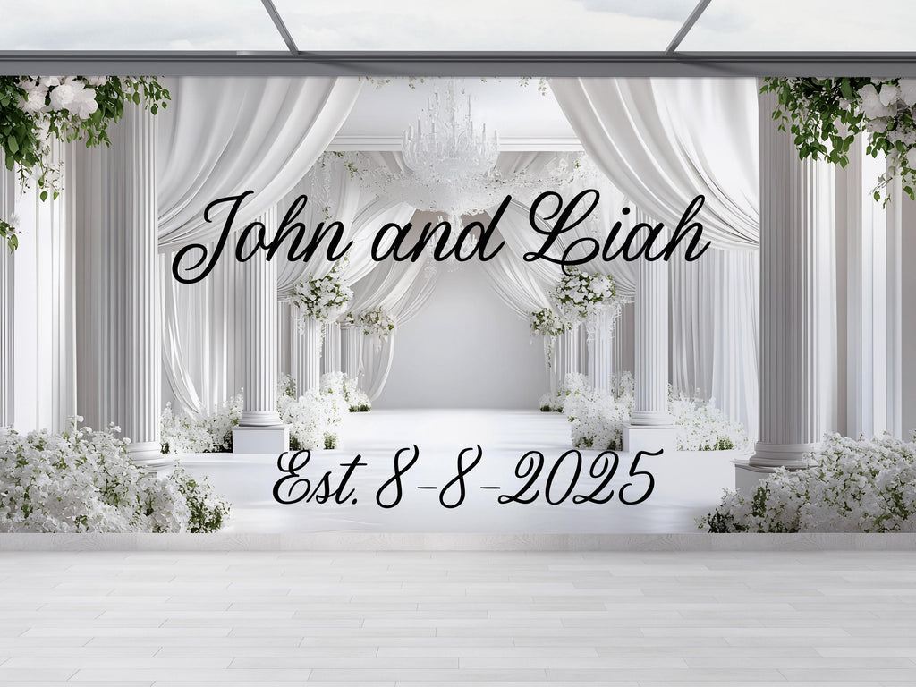 Custom Wedding Backdrop | Elegant White Floral Arch Mural | Personalized with Names & Date | Wedding Gift or Photo Wall