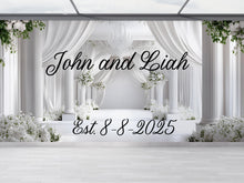 Load image into Gallery viewer, Custom Wedding Backdrop | Elegant White Floral Arch Mural | Personalized with Names &amp; Date | Wedding Gift or Photo Wall