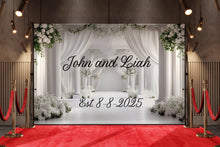 Load image into Gallery viewer, Custom Wedding Backdrop | Elegant White Floral Arch Mural | Personalized with Names &amp; Date | Wedding Gift or Photo Wall