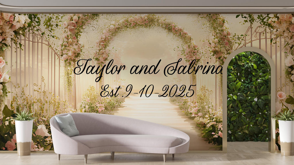 Custom Floral Arch Wedding Backdrop | Personalized Name & Date Mural | Romantic Garden Wedding Gift | Photo Wall Decor