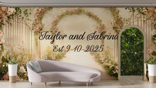 Load image into Gallery viewer, Custom Floral Arch Wedding Backdrop | Personalized Name &amp; Date Mural | Romantic Garden Wedding Gift | Photo Wall Decor