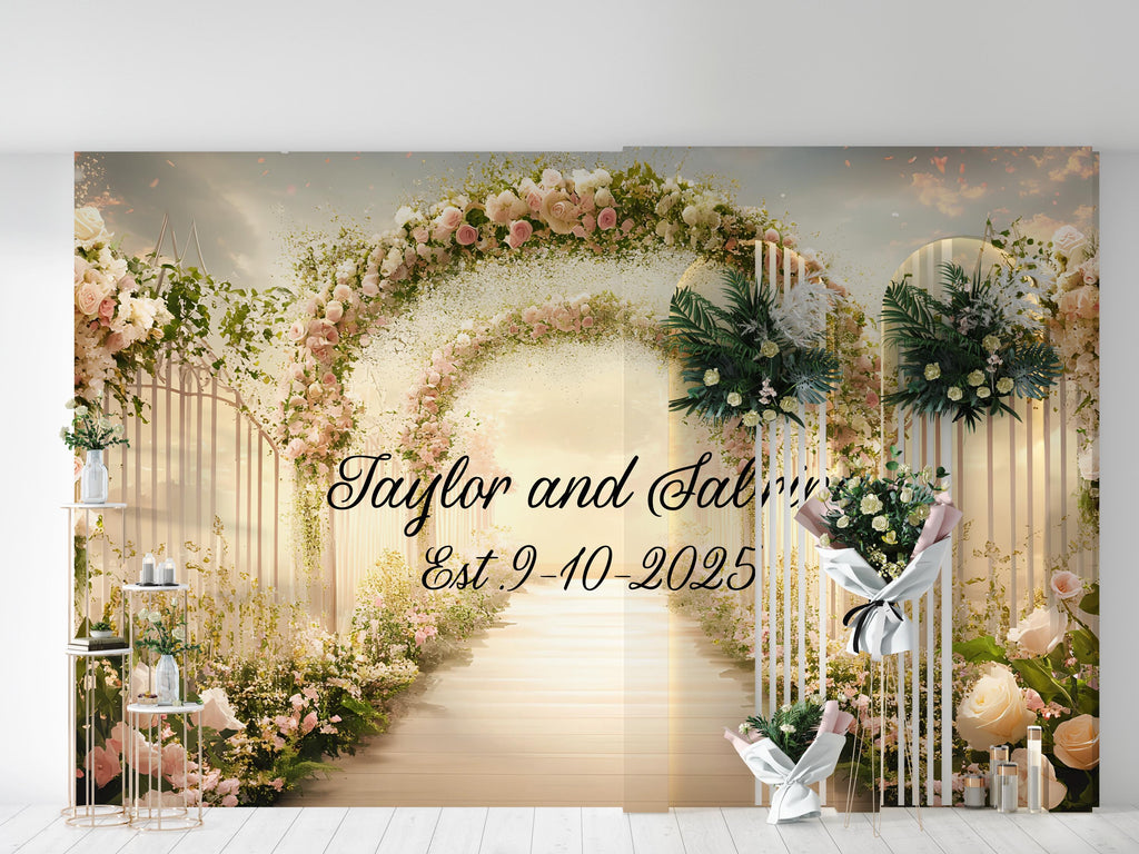 Custom Floral Arch Wedding Backdrop | Personalized Name & Date Mural | Romantic Garden Wedding Gift | Photo Wall Decor
