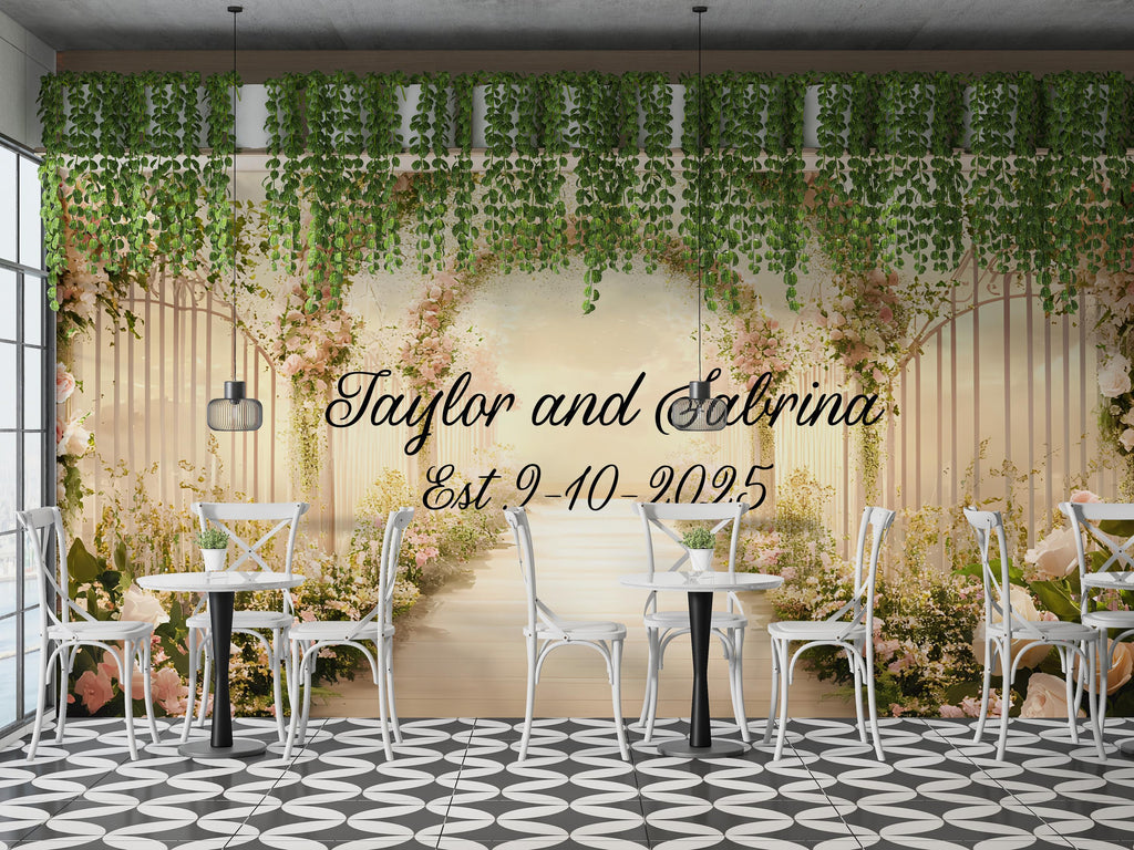 Custom Floral Arch Wedding Backdrop | Personalized Name & Date Mural | Romantic Garden Wedding Gift | Photo Wall Decor