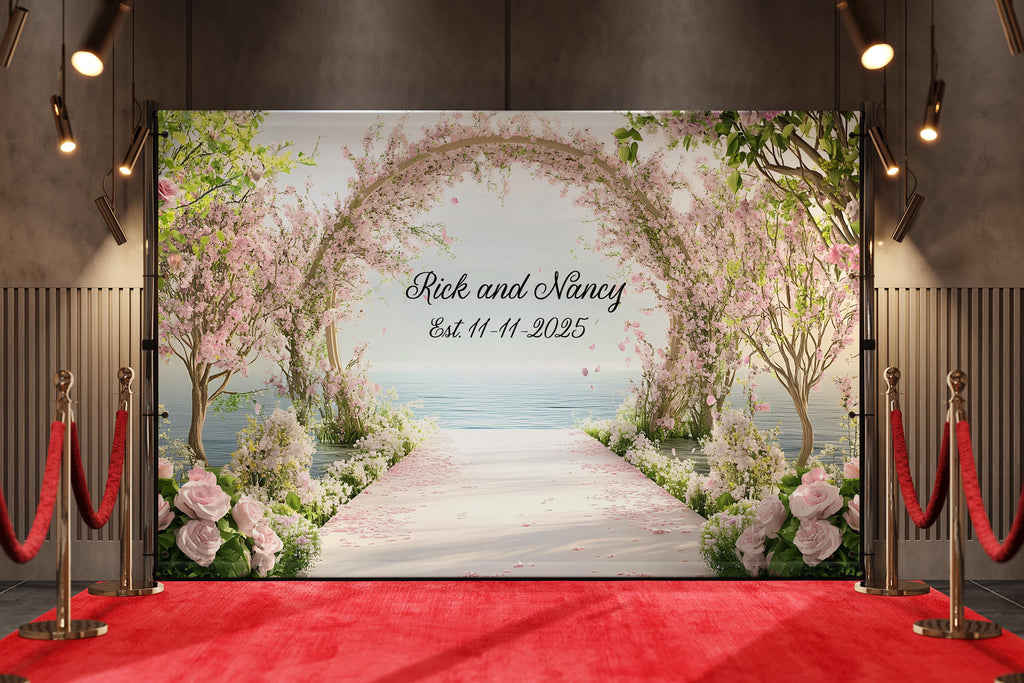 Cherry Blossom Wedding Mural | Custom Names & Date Wall Art | Romantic Ocean View Backdrop | Personalized Wedding Gift Decor