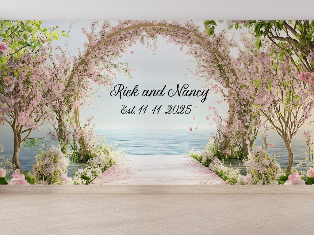 Cherry Blossom Wedding Mural | Custom Names & Date Wall Art | Romantic Ocean View Backdrop | Personalized Wedding Gift Decor