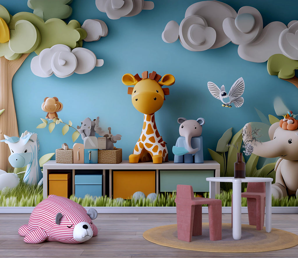 3D Jungle Safari Animal Wall Mural – Kids Room Safari Wallpaper with Giraffe Elephant Lion – Peel and Stick or Non-Woven Option
