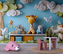 Load image into Gallery viewer, 3D Jungle Safari Animal Wall Mural – Kids Room Safari Wallpaper with Giraffe Elephant Lion – Peel and Stick or Non-Woven Option