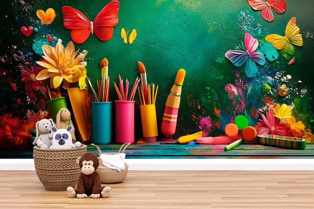 3D Colorful Art Studio Wall Mural – Kids Art Room Decor, Painting Theme Wall Sticker, Classroom Art Wall, Bright Peel and Stick Mural