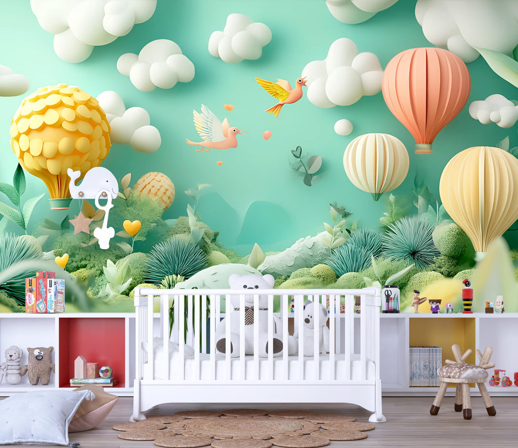 3D Hot Air Balloon Wall Mural for Nursery – Peel and Stick Kids Room Wallpaper – Pastel Baby Room Decor – Playroom Jungle Landscape Decal