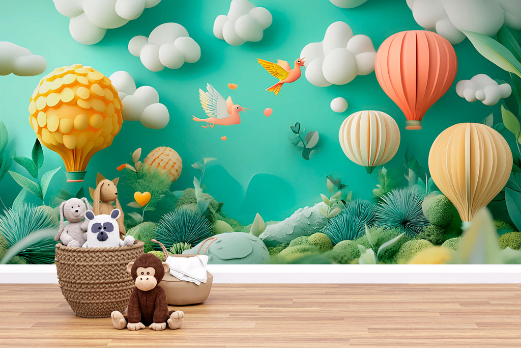 3D Hot Air Balloon Wall Mural for Nursery – Peel and Stick Kids Room Wallpaper – Pastel Baby Room Decor – Playroom Jungle Landscape Decal