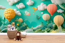 Load image into Gallery viewer, 3D Hot Air Balloon Wall Mural for Nursery – Peel and Stick Kids Room Wallpaper – Pastel Baby Room Decor – Playroom Jungle Landscape Decal