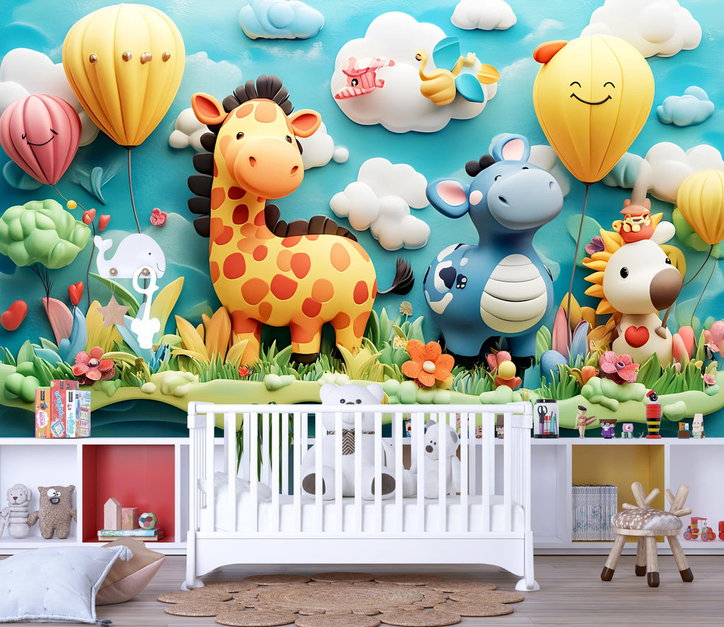 3D Jungle Animal Wall Mural for Nursery – Giraffe & Balloon Kids Wallpaper – Peel and Stick Safari Decor – Colorful Playroom Jungle Scene