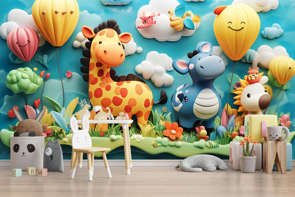 3D Jungle Animal Wall Mural for Nursery – Giraffe & Balloon Kids Wallpaper – Peel and Stick Safari Decor – Colorful Playroom Jungle Scene