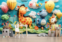 Load image into Gallery viewer, 3D Jungle Animal Wall Mural for Nursery – Giraffe &amp; Balloon Kids Wallpaper – Peel and Stick Safari Decor – Colorful Playroom Jungle Scene