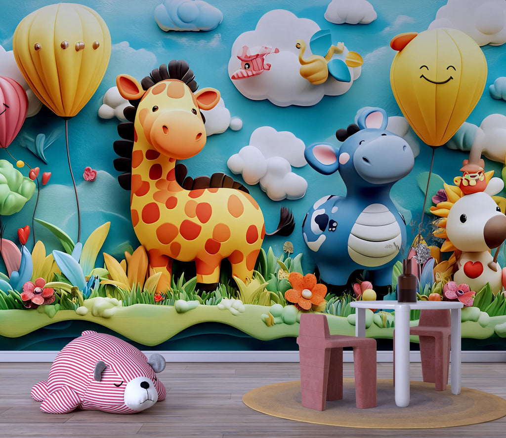 3D Jungle Animal Wall Mural for Nursery – Giraffe & Balloon Kids Wallpaper – Peel and Stick Safari Decor – Colorful Playroom Jungle Scene