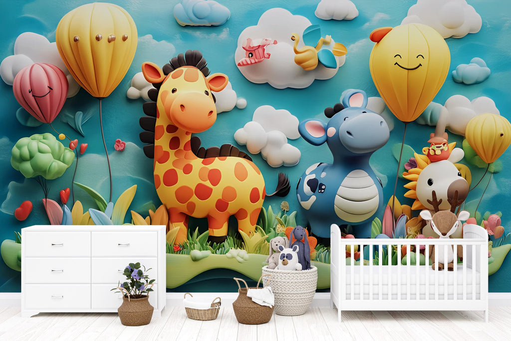 3D Jungle Animal Wall Mural for Nursery – Giraffe & Balloon Kids Wallpaper – Peel and Stick Safari Decor – Colorful Playroom Jungle Scene