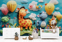 Load image into Gallery viewer, 3D Jungle Animal Wall Mural for Nursery – Giraffe &amp; Balloon Kids Wallpaper – Peel and Stick Safari Decor – Colorful Playroom Jungle Scene