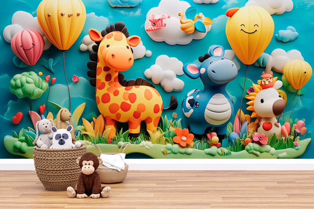 3D Jungle Animal Wall Mural for Nursery – Giraffe & Balloon Kids Wallpaper – Peel and Stick Safari Decor – Colorful Playroom Jungle Scene