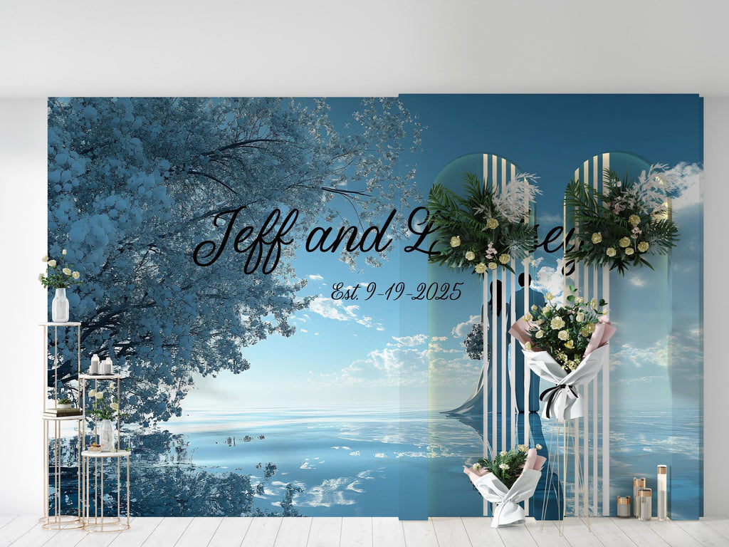 Custom Wedding Backdrop Mural | Names & Date Included | Romantic Couple Ocean Scene | Personalized Wedding Gift Wall Art