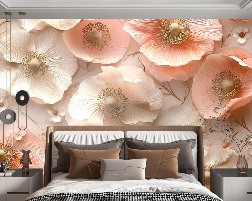3D Floral Wall Mural for Bedroom – Elegant Beige & Blush Poppies – Romantic Flower Wallpaper – Peel and Stick or Non-Woven