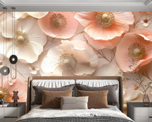 Load image into Gallery viewer, 3D Floral Wall Mural for Bedroom – Elegant Beige &amp; Blush Poppies – Romantic Flower Wallpaper – Peel and Stick or Non-Woven