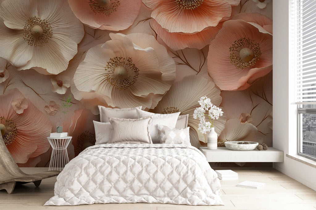 3D Floral Wall Mural for Bedroom – Elegant Beige & Blush Poppies – Romantic Flower Wallpaper – Peel and Stick or Non-Woven