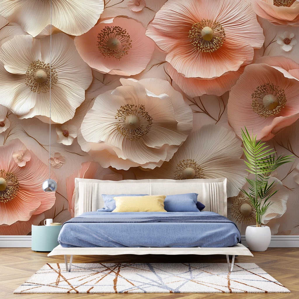 3D Floral Wall Mural for Bedroom – Elegant Beige & Blush Poppies – Romantic Flower Wallpaper – Peel and Stick or Non-Woven