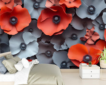 Load image into Gallery viewer, 3D Red and Gray Floral Wall Mural – Oversized Flower Wallpaper – Modern Bedroom Accent – Bold Peel and Stick or Non-Woven Mural