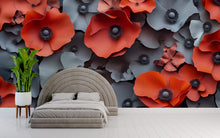 Load image into Gallery viewer, 3D Red and Gray Floral Wall Mural – Oversized Flower Wallpaper – Modern Bedroom Accent – Bold Peel and Stick or Non-Woven Mural