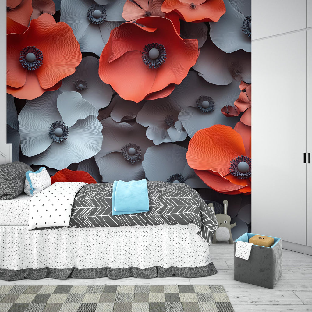 3D Red and Gray Floral Wall Mural – Oversized Flower Wallpaper – Modern Bedroom Accent – Bold Peel and Stick or Non-Woven Mural