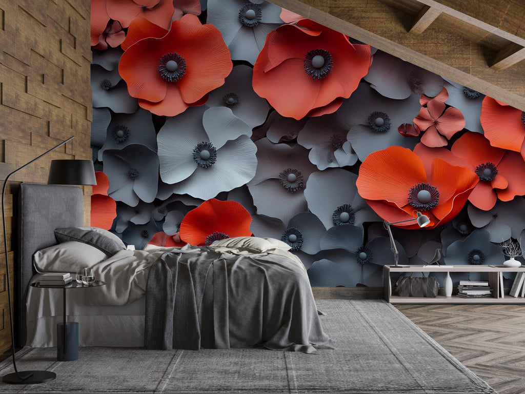 3D Red and Gray Floral Wall Mural – Oversized Flower Wallpaper – Modern Bedroom Accent – Bold Peel and Stick or Non-Woven Mural