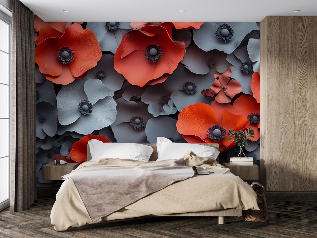 3D Red and Gray Floral Wall Mural – Oversized Flower Wallpaper – Modern Bedroom Accent – Bold Peel and Stick or Non-Woven Mural