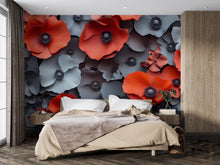 Load image into Gallery viewer, 3D Red and Gray Floral Wall Mural – Oversized Flower Wallpaper – Modern Bedroom Accent – Bold Peel and Stick or Non-Woven Mural