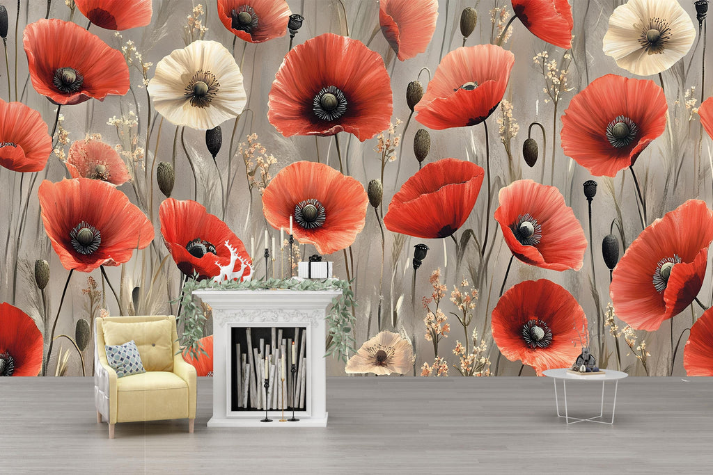 Red Poppy Floral Wall Mural – Vintage Botanical Wallpaper – Elegant Large Flower Peel and Stick or Non-Woven Mural for Bedroom Decor