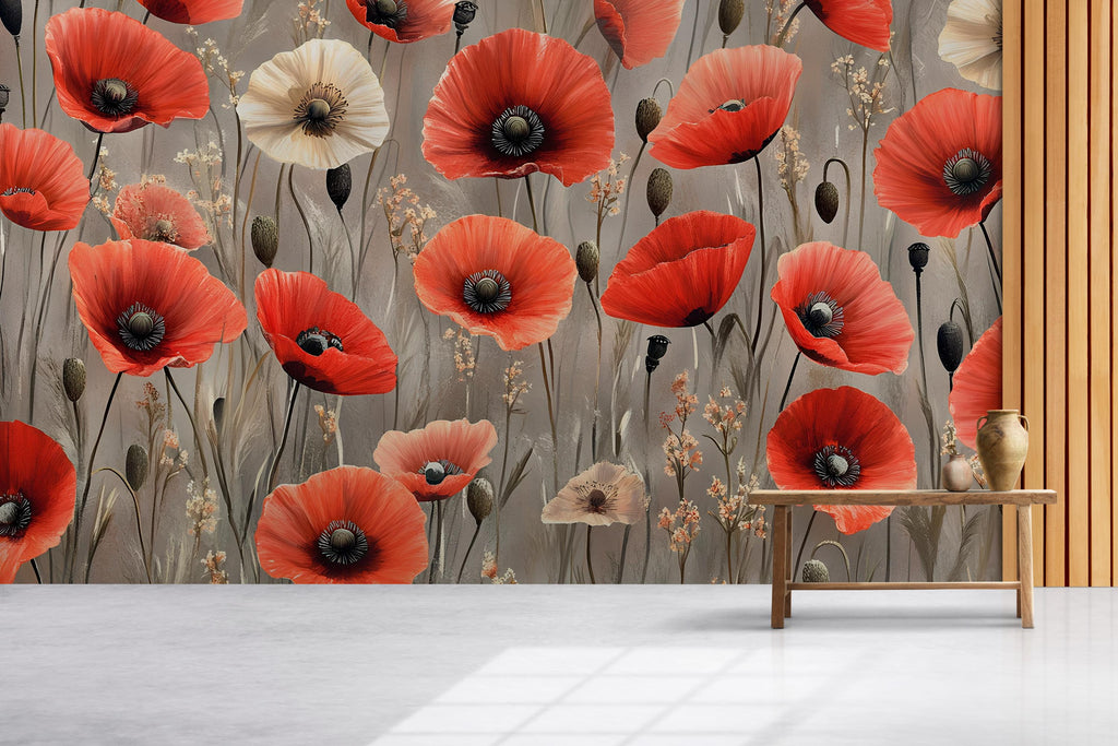 Red Poppy Floral Wall Mural – Vintage Botanical Wallpaper – Elegant Large Flower Peel and Stick or Non-Woven Mural for Bedroom Decor