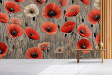 Load image into Gallery viewer, Red Poppy Floral Wall Mural – Vintage Botanical Wallpaper – Elegant Large Flower Peel and Stick or Non-Woven Mural for Bedroom Decor